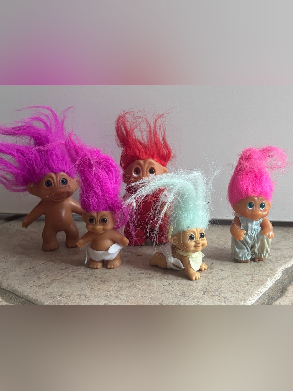 Russ Vintage Troll Dolls Crawling Baby Pink Red Hearts 80s 90s Light Blue Hair